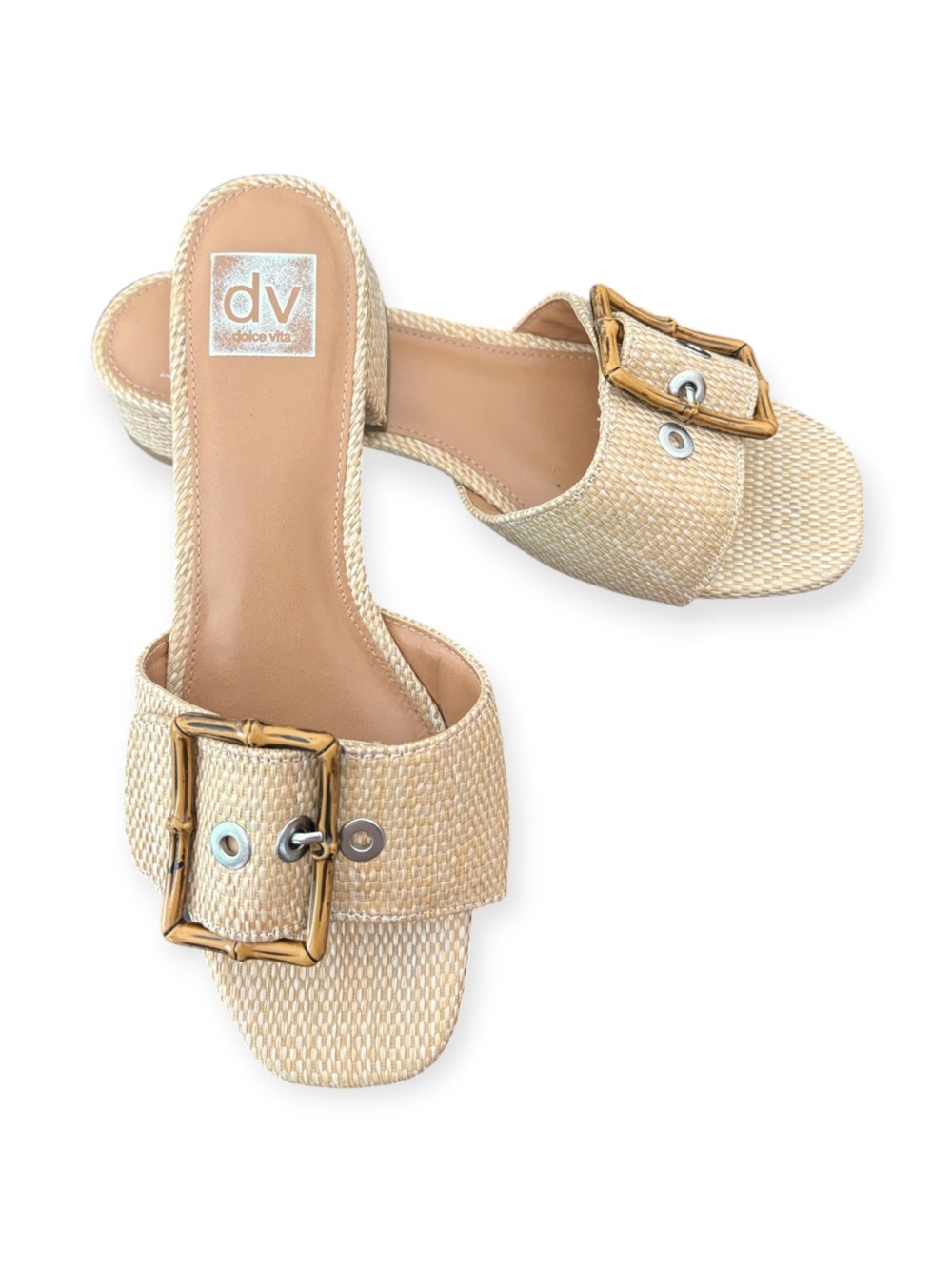 DV by Dolce Vita Natural Raffia Slide Sandals with Bamboo Buckle
